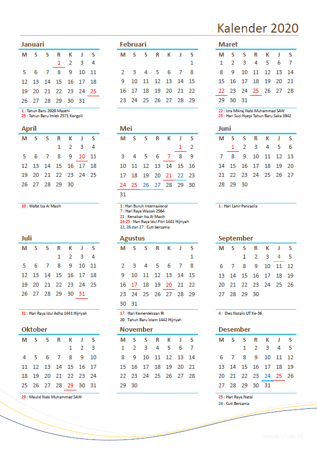 Kalender 2020 Sederhana ukuran A4