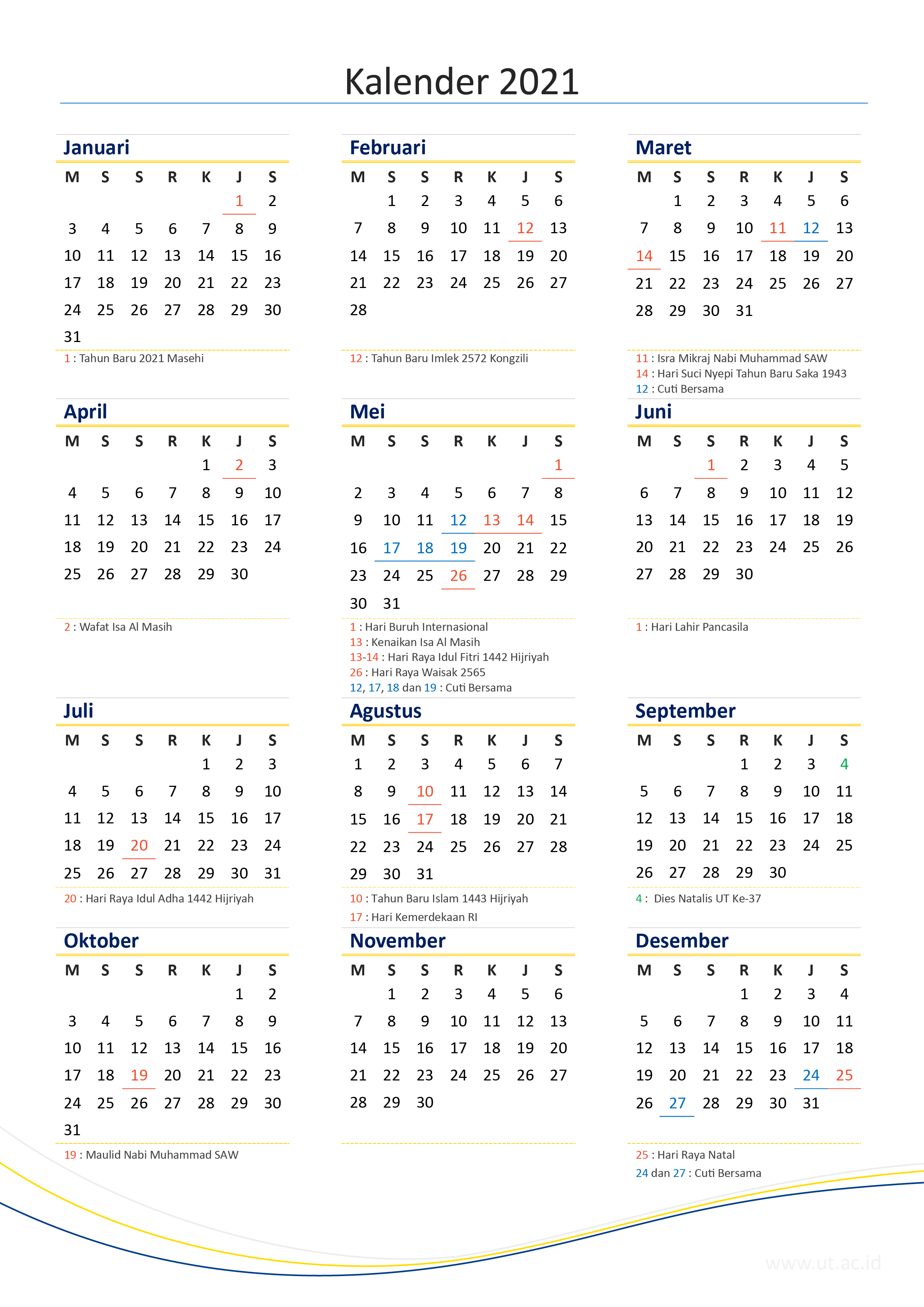 Kalender 2021 Masehi Sederhana Ukuran A4