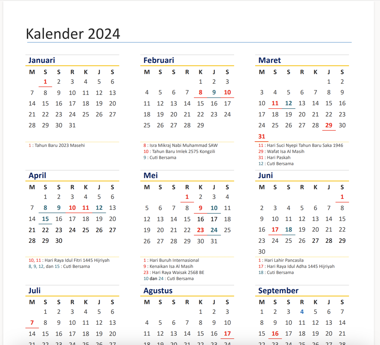 Enam Bulan Tanpa Cuti Bersama di Tahun 2024 Terlihat di Kalender Sederhana ini