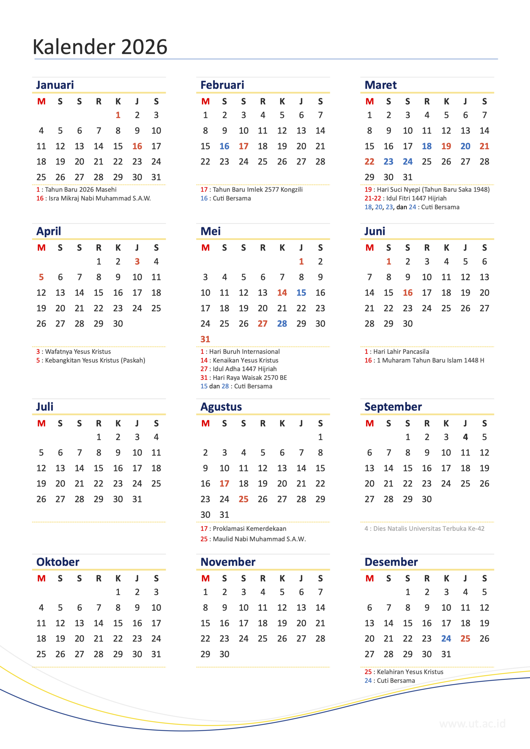Tahun 2026 Kalender Sederhana A4 Ini Hanya 8 Bulan Ada Libur Nasional dan Cuti Bersama