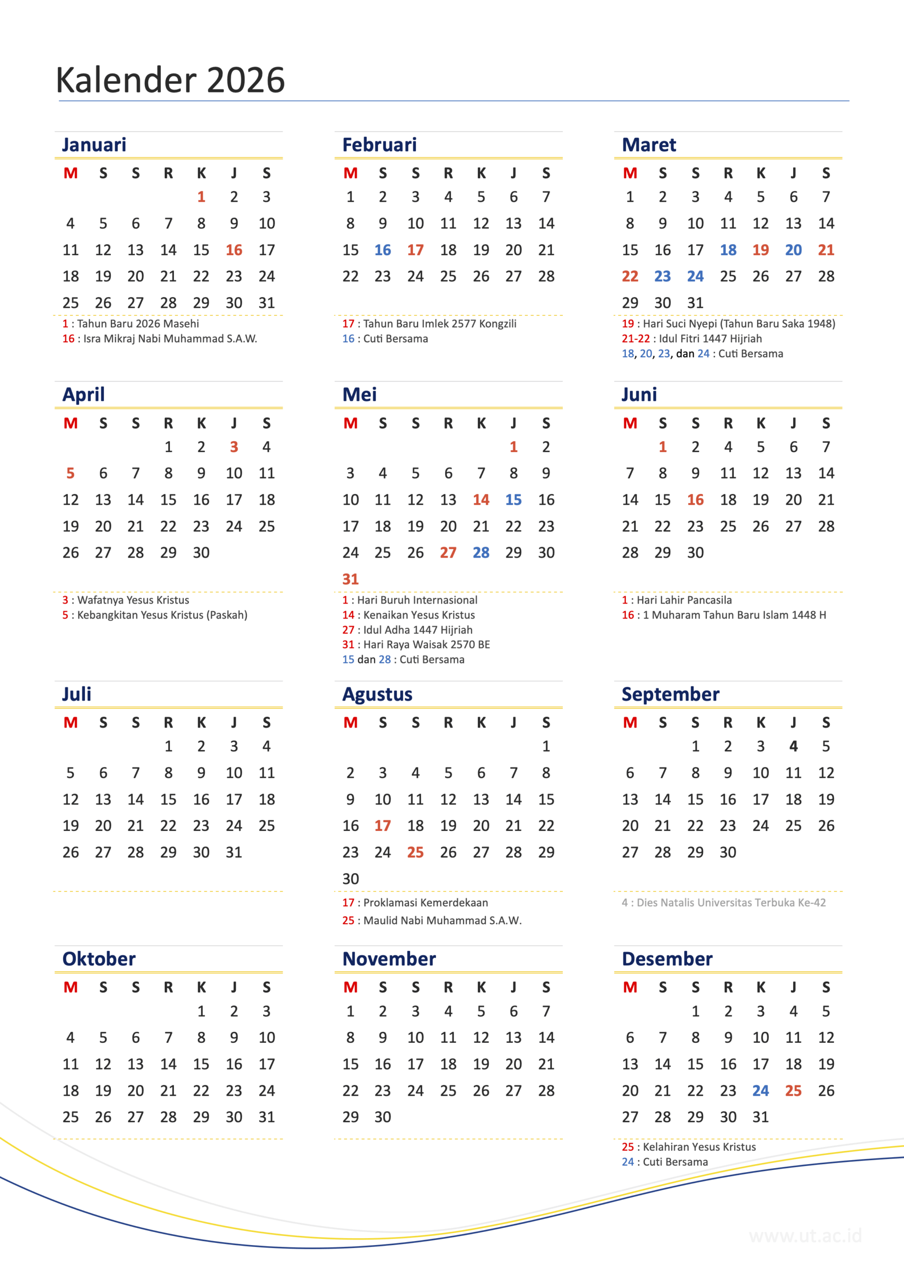 Tahun 2026 Kalender Sederhana A4 Ini Hanya 8 Bulan Ada Libur Nasional dan Cuti Bersama