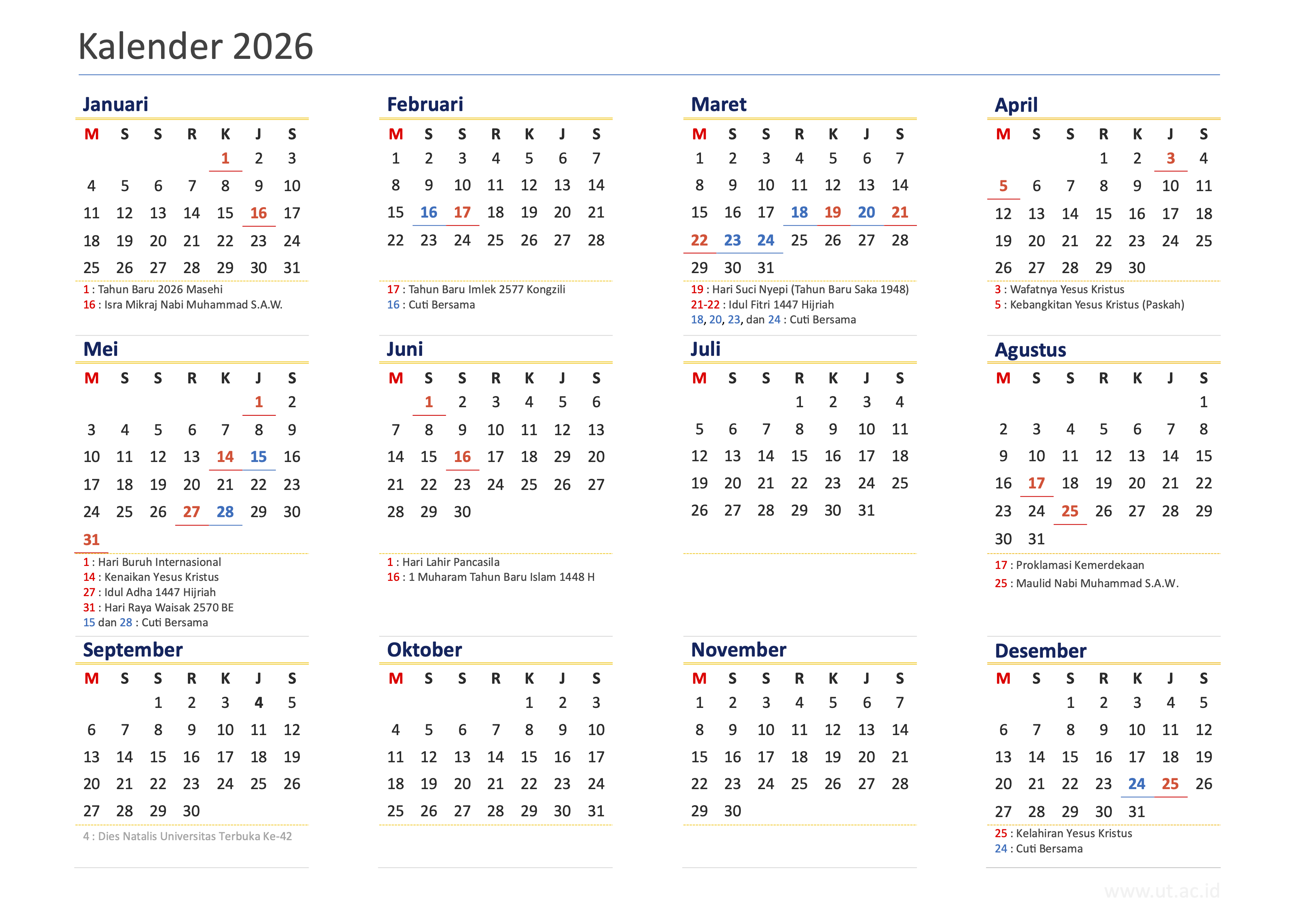 Kalender 2026 Ukuran A4 Landscape Simple Gratis Bisa di-Edit